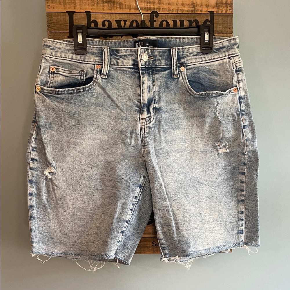 GAP Light Blue Distressed Stretch Denim Bermuda Shorts